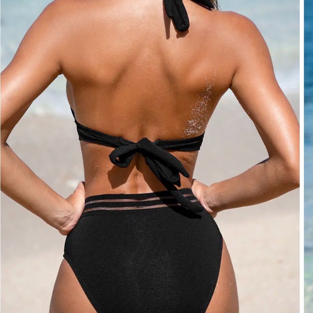 Black Halterneck Bikini Top & High-Waisted Bottoms Set - Picture 2 of 4